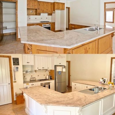 Before and after images of a kitchen renovation with wooden cabinets replaced by white cabinets.