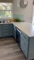 Modern kitchen with light blue cabinets, beige countertop, stainless steel dishwasher, and various items on the counter.