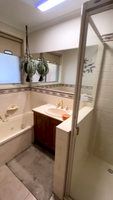 An outdated bathroom showing a bathtub, single sink vanity, hanging plants, and a glass shower enclosure.