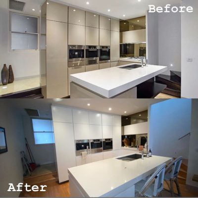 Before and after images of a kitchen renovation showing a change from beige to white cabinets.