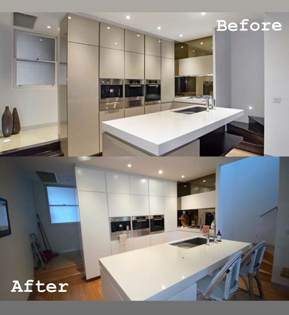 Before and after images of a kitchen renovation showing a change from beige to white cabinets.