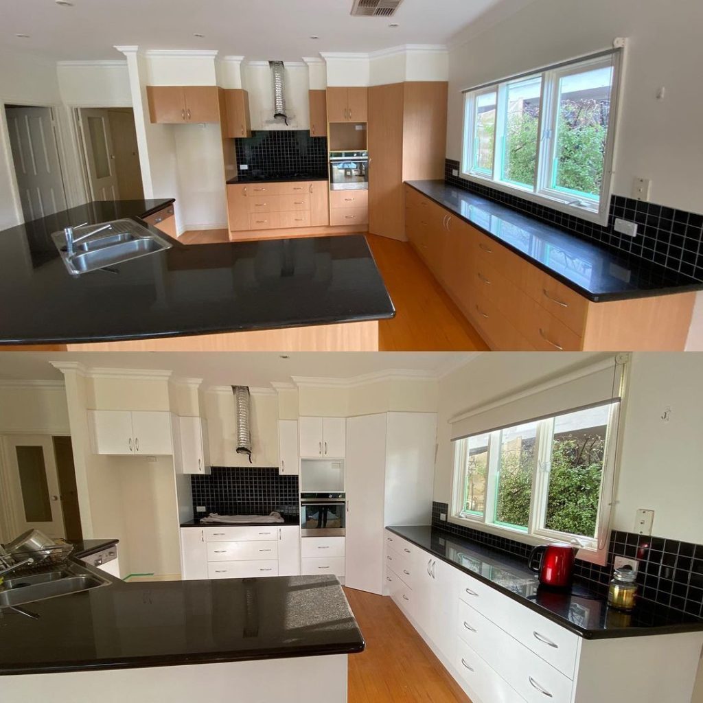 Before and after images of a kitchen showing wooden cabinets replaced with white cabinets while retaining black countertops and backsplash.