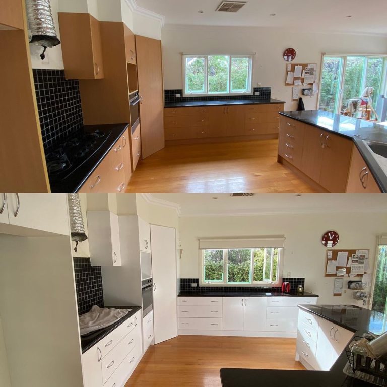 Before and after images of a kitchen transformation through resurfacing, changing from wooden to white cabinets.