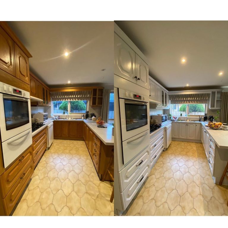 Side-by-side comparison of a kitchen with natural wood cabinets on the left and white resurfaced cabinets on the right.