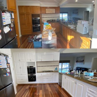 Side-by-side images of a kitchen before and after resurfacing, highlighting updated cabinet finishes from wood to white.