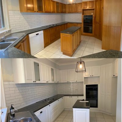 Side-by-side comparison of a kitchen before and after cabinet resurfacing from wooden to white cabinets.