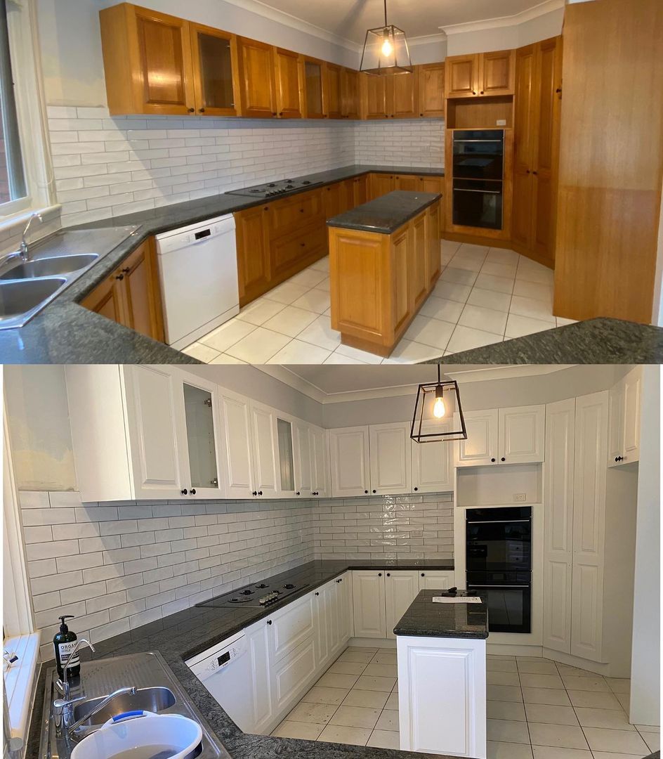 Side-by-side comparison of a kitchen before and after cabinet resurfacing from wooden to white cabinets.