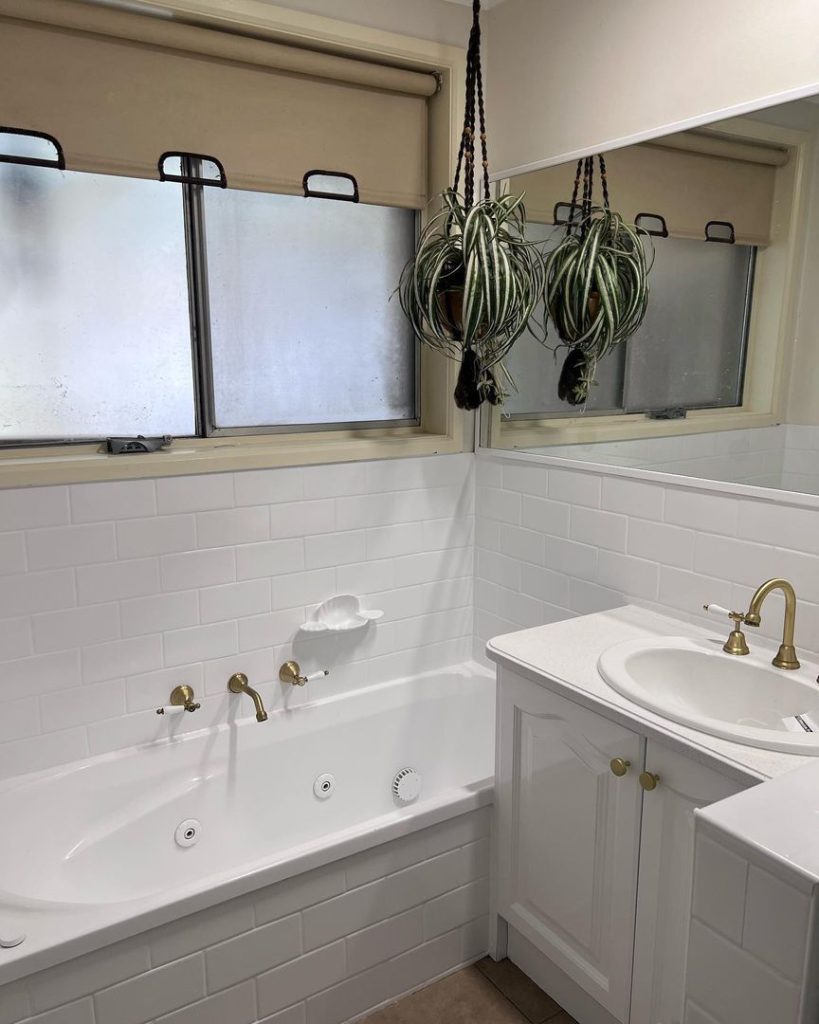 Bathroom with resurfaced bathtub, sink area, and hanging plants in front of a mirror.