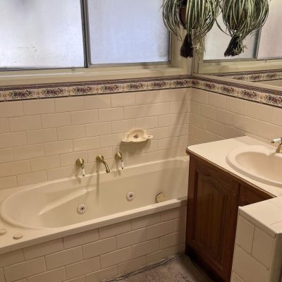 Bathroom with white tiles, floral border, bathtub with gold faucets, wooden sink cabinet, and hanging plants.