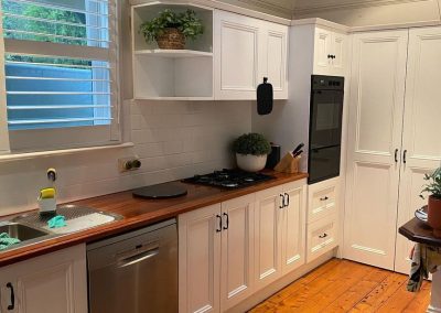 Modern kitchen with white cabinets, wooden countertops, stainless steel appliances, and potted plants.