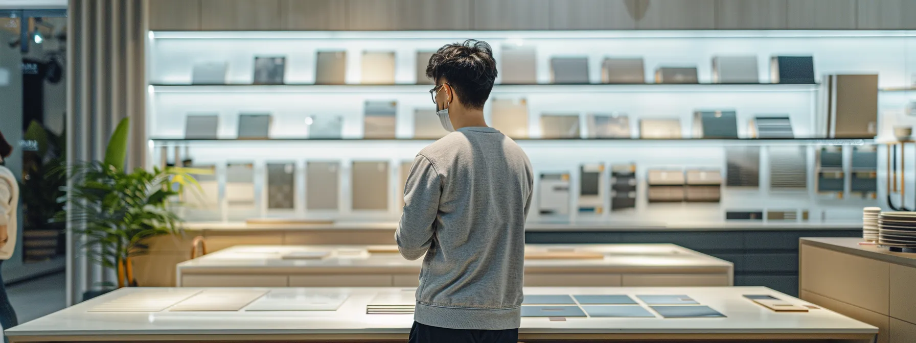 a homeowner standing in a kitchen showroom, looking attentively at samples of countertop materials.