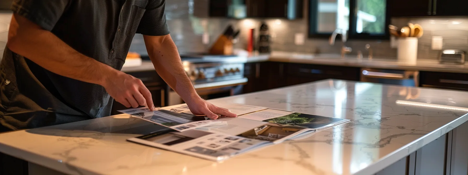 a person carefully examining a contractor's portfolio of past kitchen resurfacing projects.