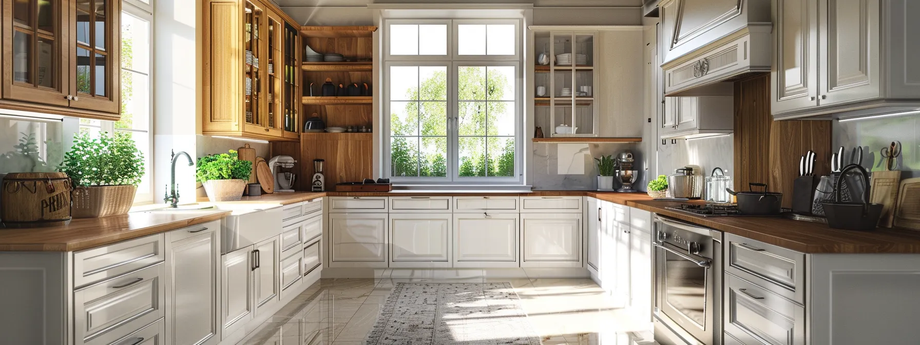 a large kitchen with many cabinets being refinished with high-quality materials in an urban setting, with the possibility of hidden costs.