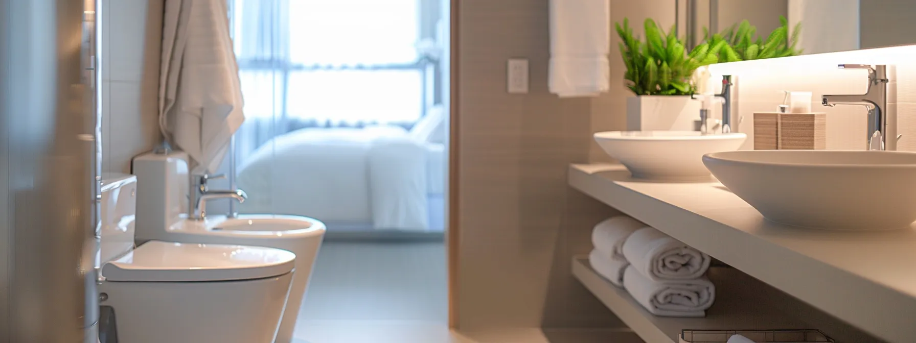 a modern bathroom with sleek, water-saving fixtures like low-flow faucets and a dual-flush toilet.