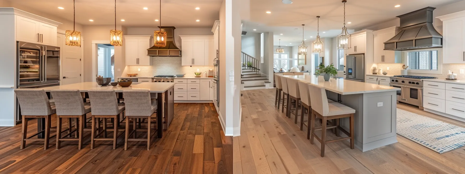 a kitchen with stylish wood flooring and upgraded light fixtures.