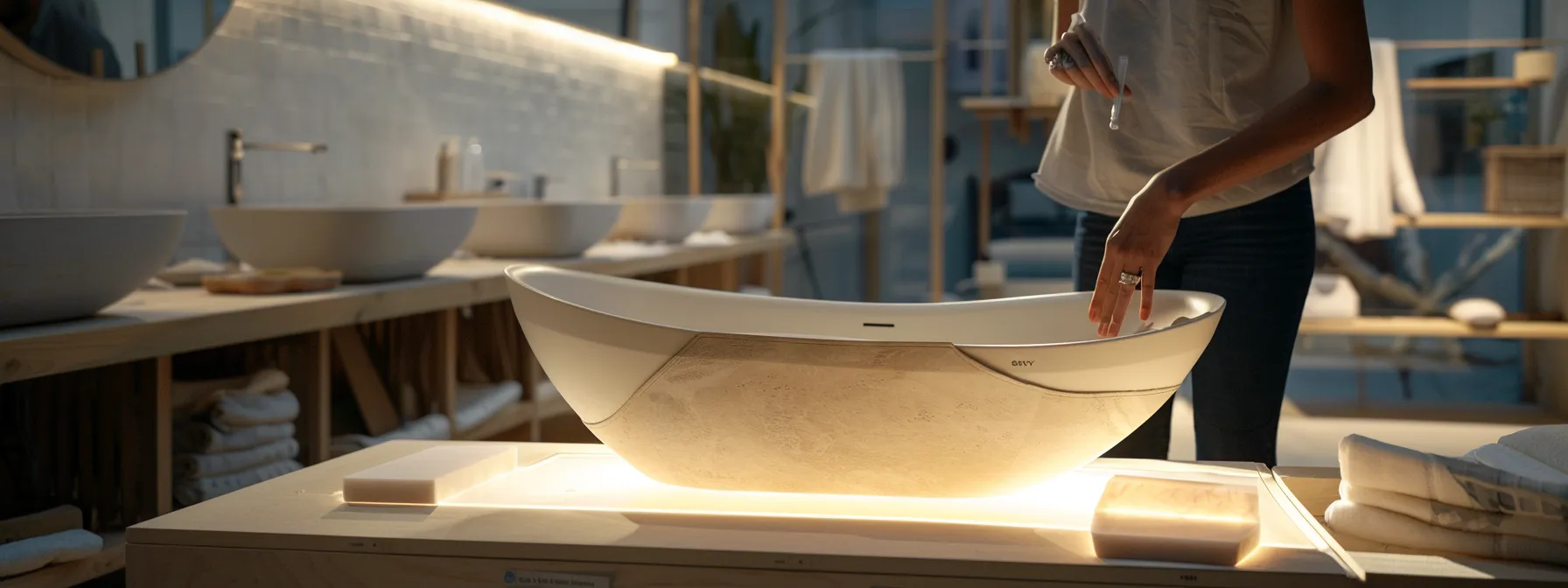 a person comparing different materials for bathtubs, weighing cost and quality factors.