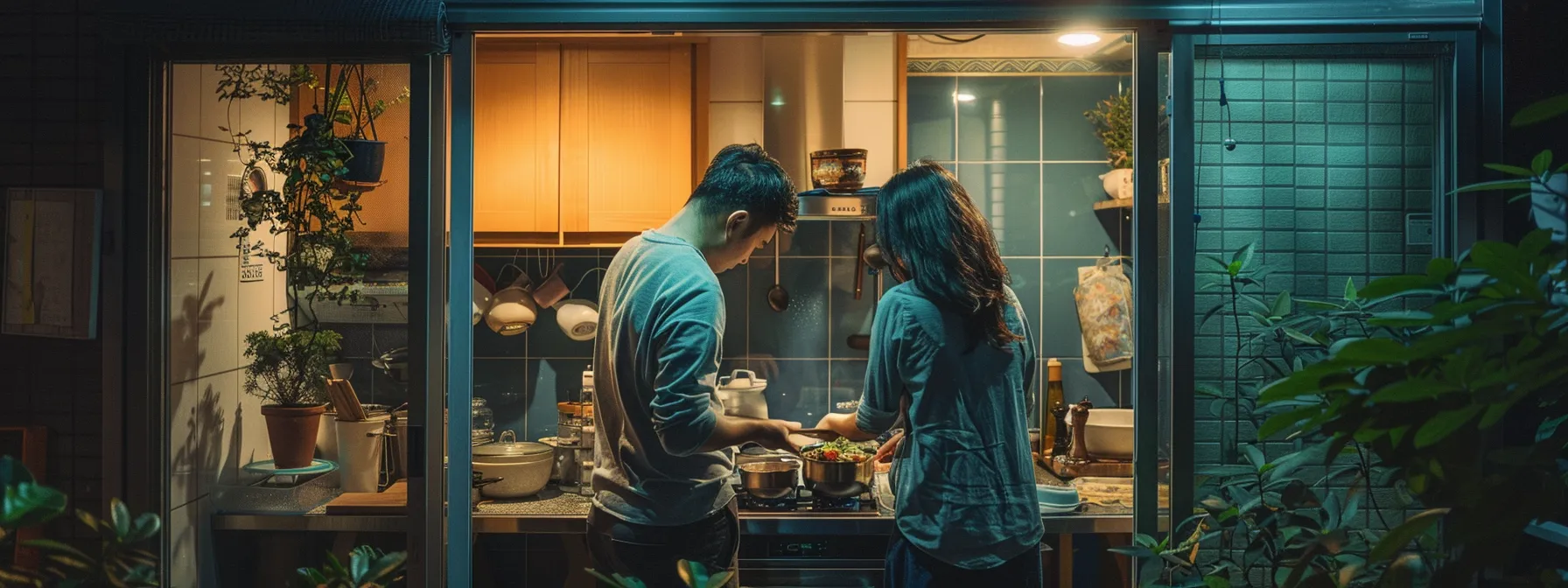 a couple cooking a simple meal outside their kitchen during a renovation.