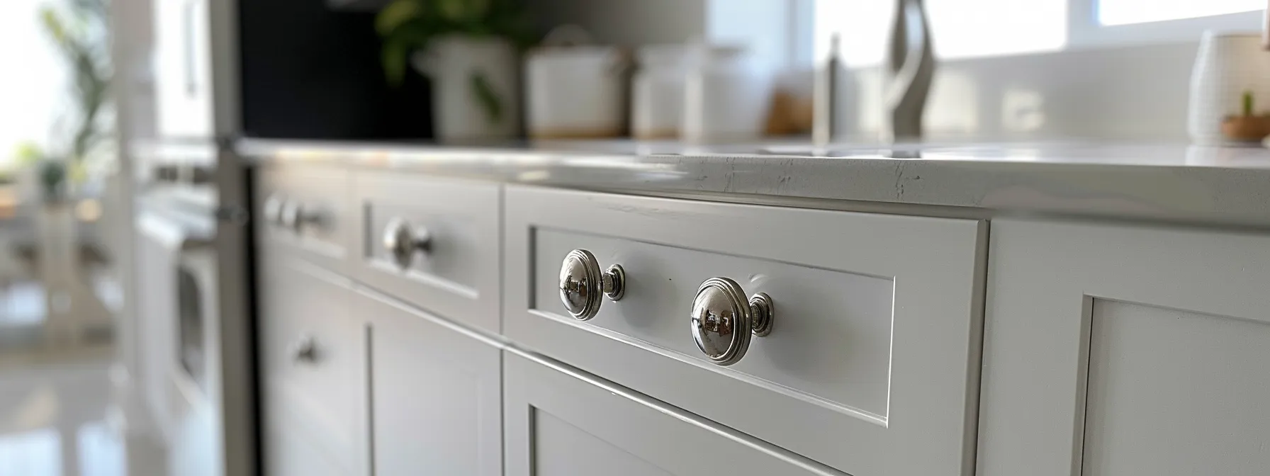 a close-up shot of sleek, modern silver knobs and pulls on freshly painted white cabinets in a newly remodeled kitchen.