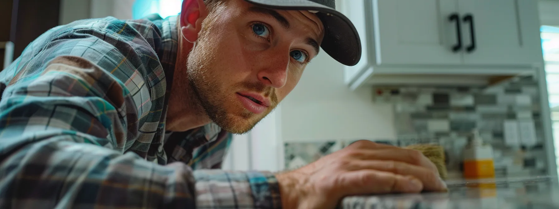 a bathroom remodeler inspecting a granite countertop with a concerned expression.