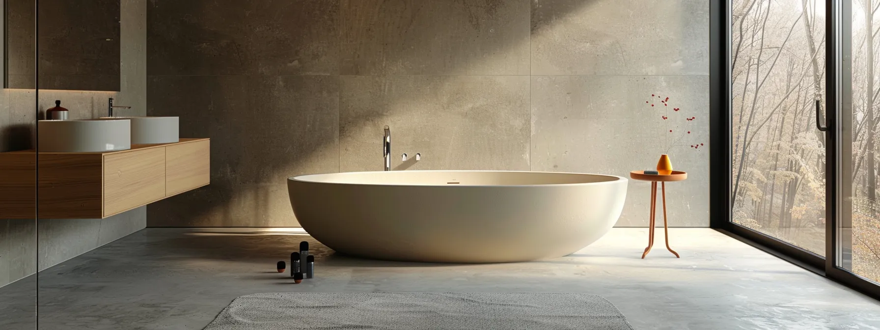 a modern bathroom with sleek and polished concrete flooring.