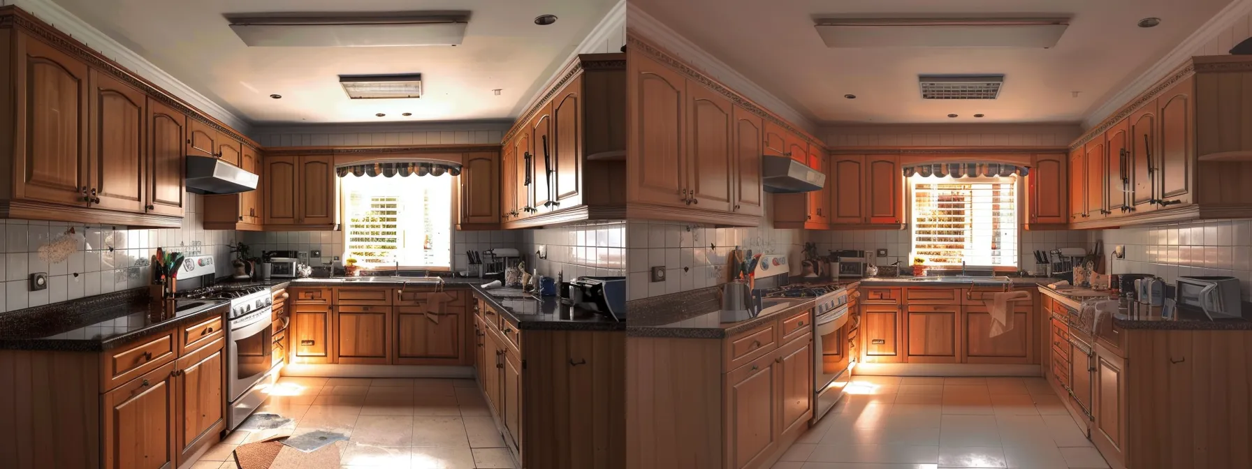 a before and after photo of kitchen cabinets being resurfaced.