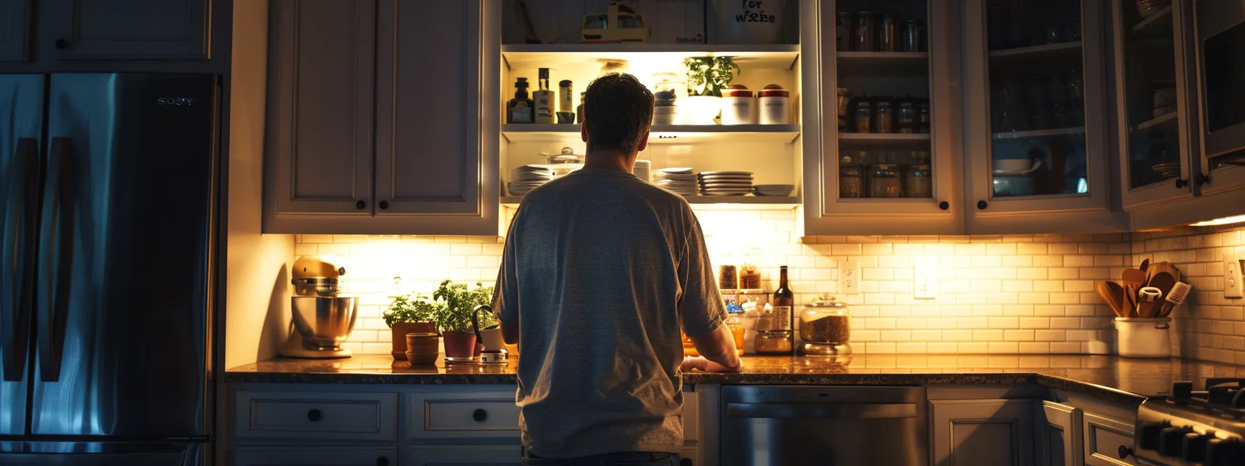 a person examining a kitchen cabinet with newly refaced doors.