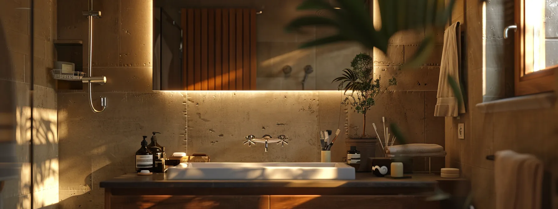 a bathroom with energy-efficient lighting, creating a sustainable and stylish ambiance.