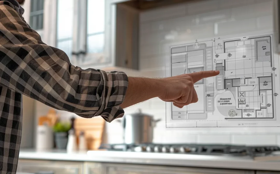 a person pointing at different kitchen cabinet options while a contractor takes notes.