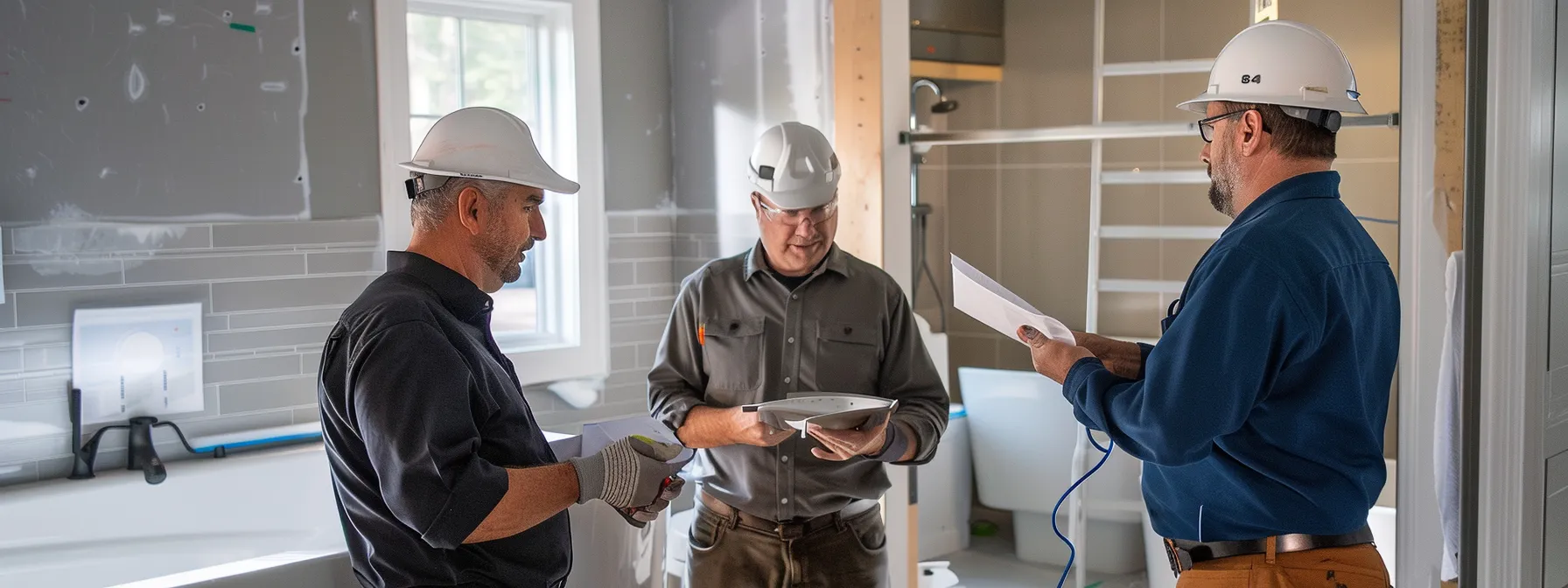 a team of workers discussing and planning a bathroom resurfacing project.