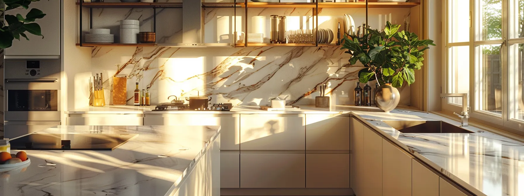 a kitchen with freshly painted cabinets and a sleek marble countertop.