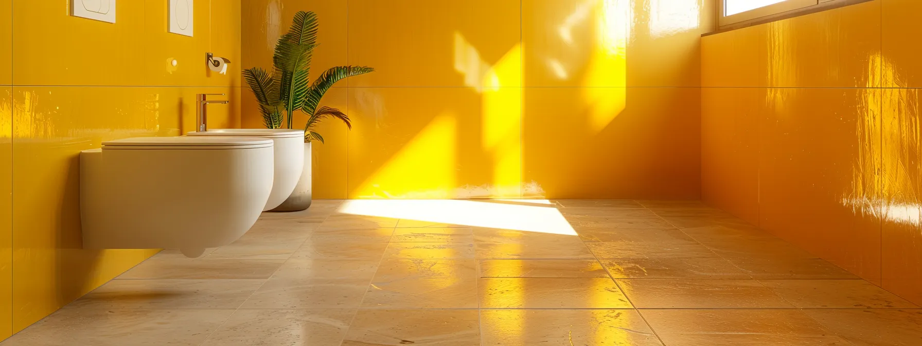 a bathroom with bright canary yellow walls contrasted by brown-gray porcelain floor tiles.