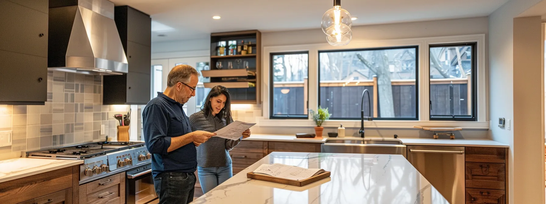 a homeowner looks over design plans with a kitchen renovation expert in a cozy kitchen.