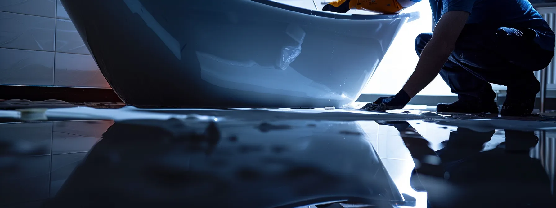 a bathtub being refinished, with a technician applying a fresh coating to the surface.