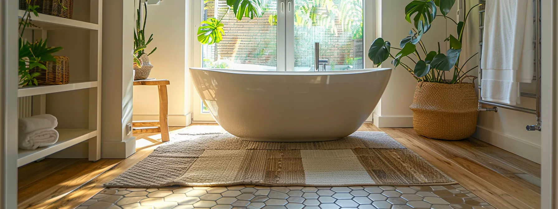 a newly renovated bathroom with stylish linoleum flooring resembling luxurious materials like brick or hexagon tiles.