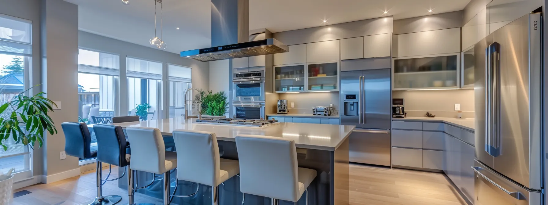 a sleek, modern kitchen with stainless steel appliances and a spacious island, perfect for entertaining guests.