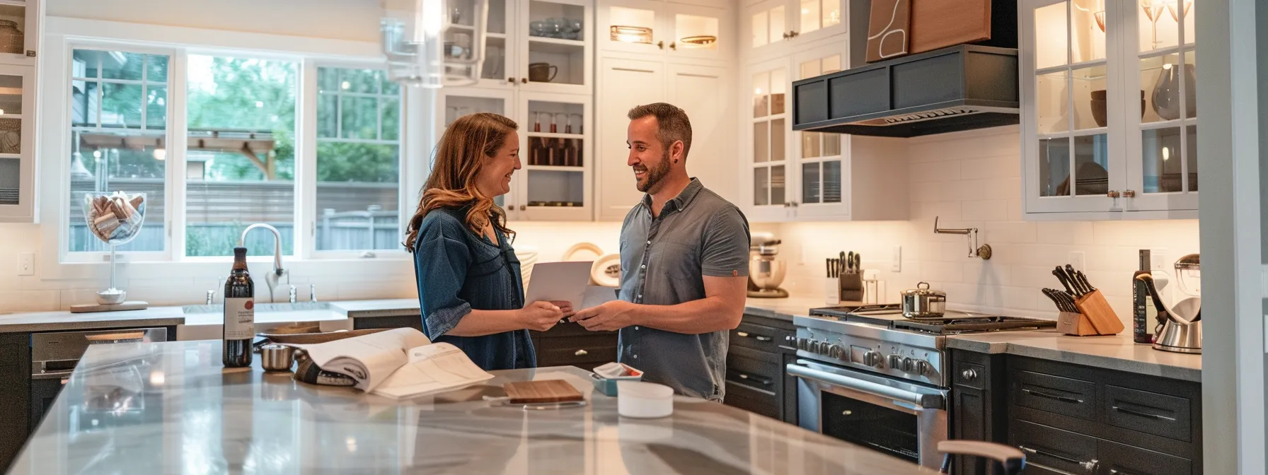 a homeowner discussing renovation plans with a kitchen contractor in a newly remodeled kitchen space.