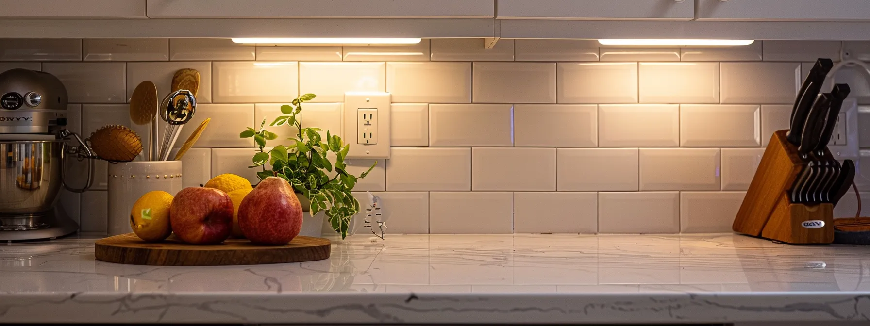 a newly installed subway tile backsplash brings a fresh and timeless look to the kitchen.