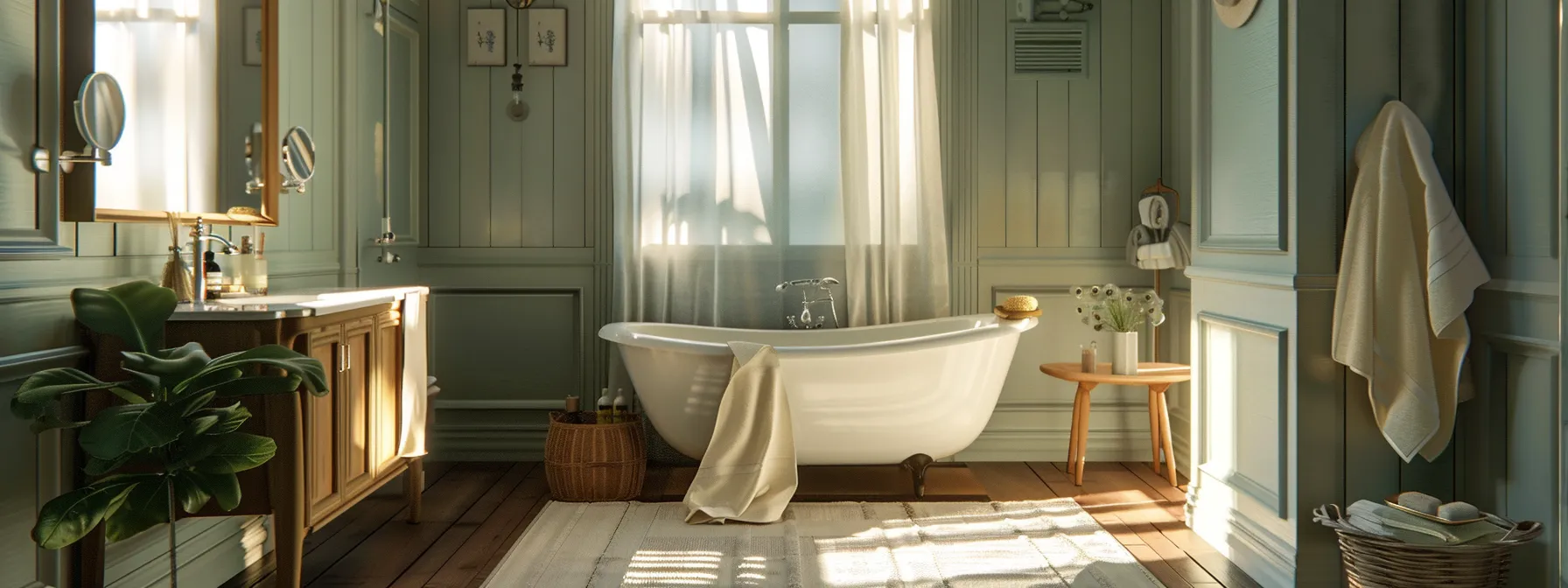 a bathroom with a cohesive color scheme and matching fixtures, creating a harmonious and inviting atmosphere.