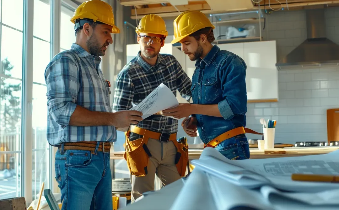 a group of construction workers discussing plans and looking at kitchen blueprints.