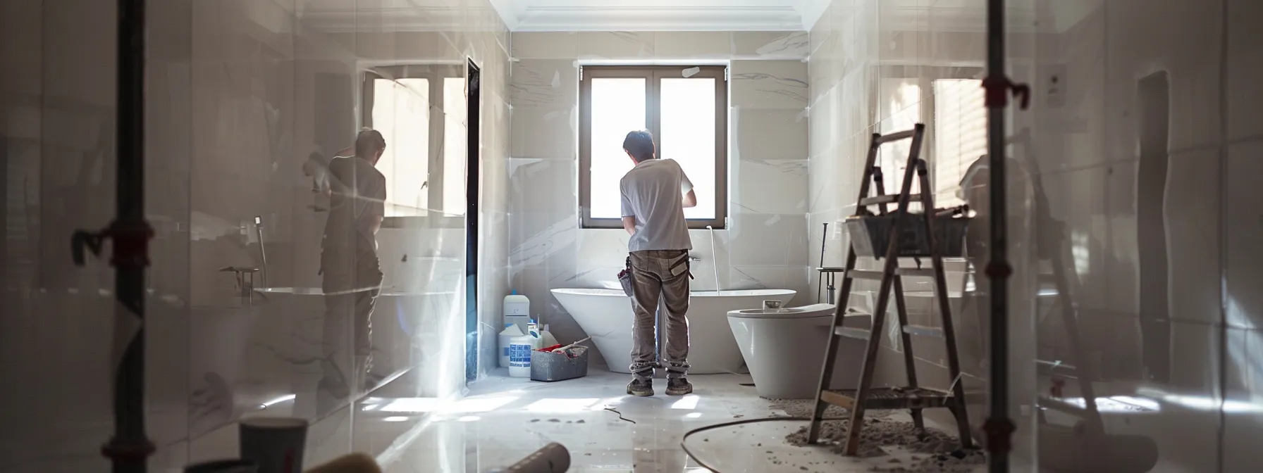 a team of workers quickly resurfacing a bathroom, transforming it with modern finishes and fixtures.