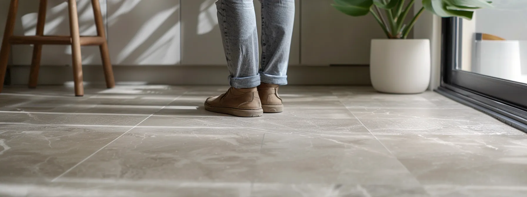 a person carefully comparing diy and professional options for installing new kitchen flooring.