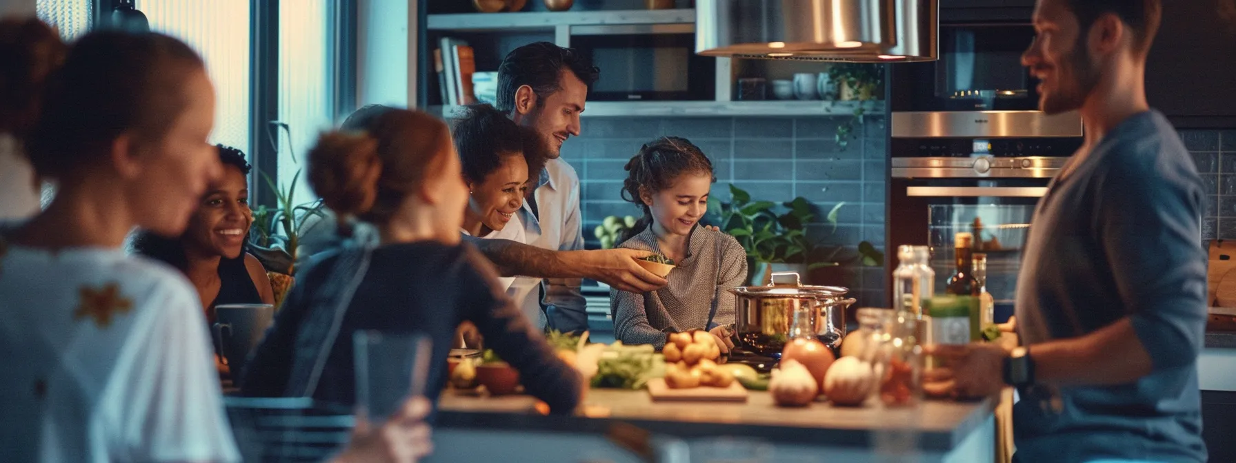 a group of friends and family gathered in a kitchen, discussing energy efficiency and showcasing modern appliances.