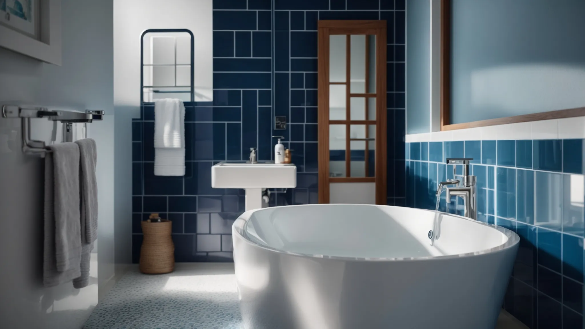 a bathroom with light blue walls, navy blue accents, and white tiles creating a serene and refreshing atmosphere.