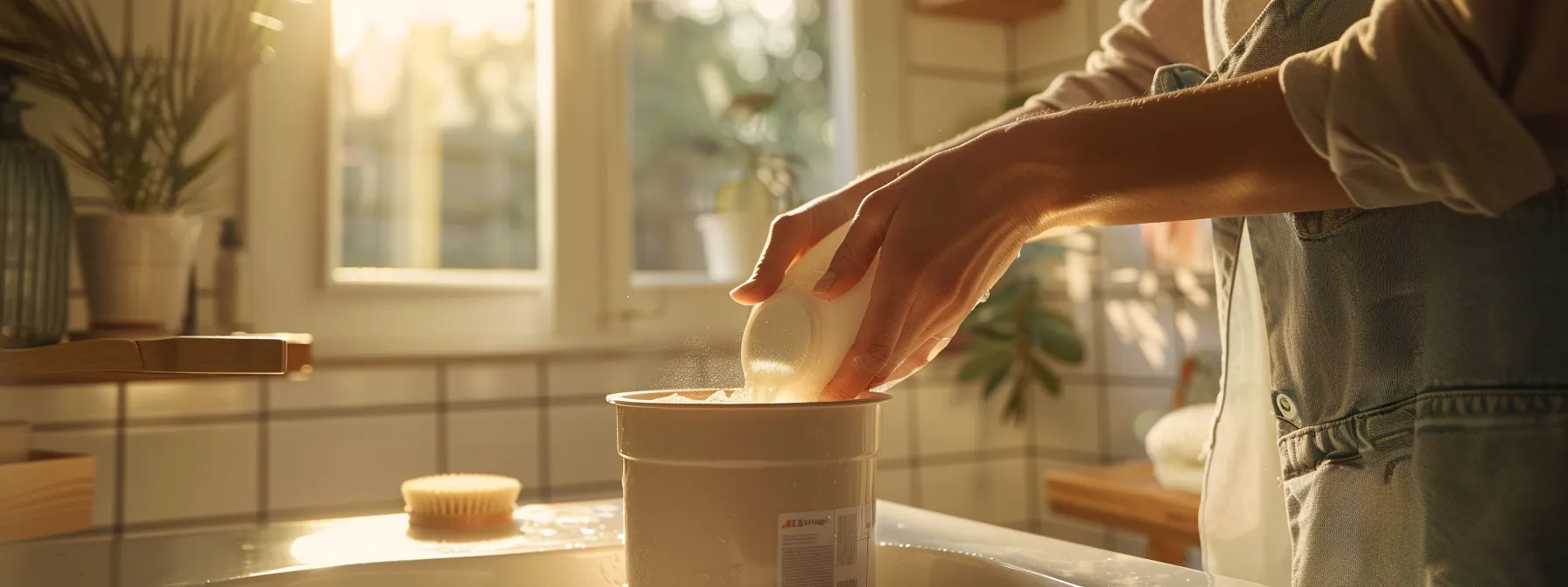 a person carefully mixing a resurfacing solution in a small bucket in a well-lit bathroom.