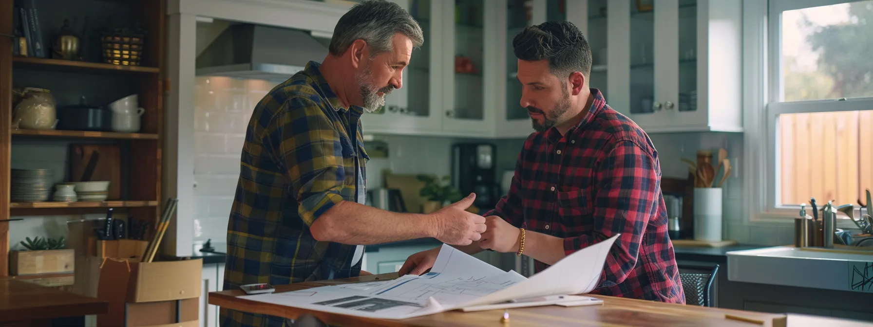 a contractor discussing kitchen renovation plans with a homeowner, pointing to a detailed diagram on a tablet.