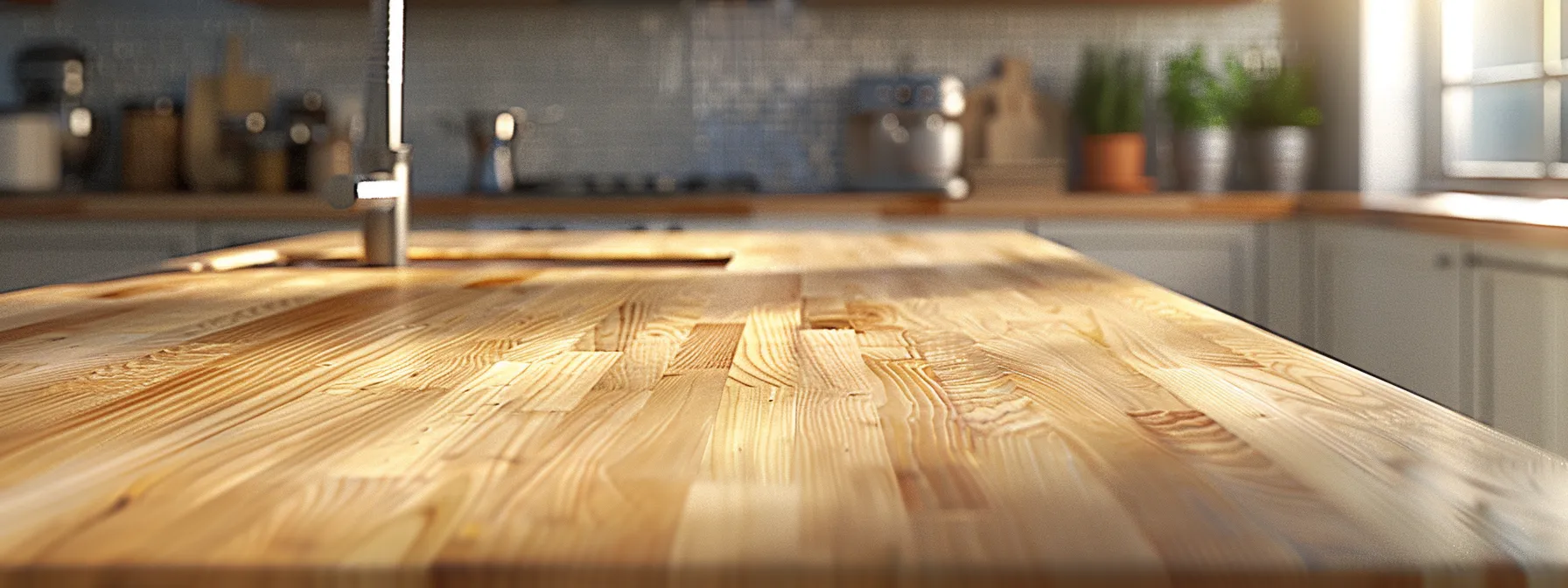 a newly installed butcher-block countertop gleams in a modern kitchen setting.