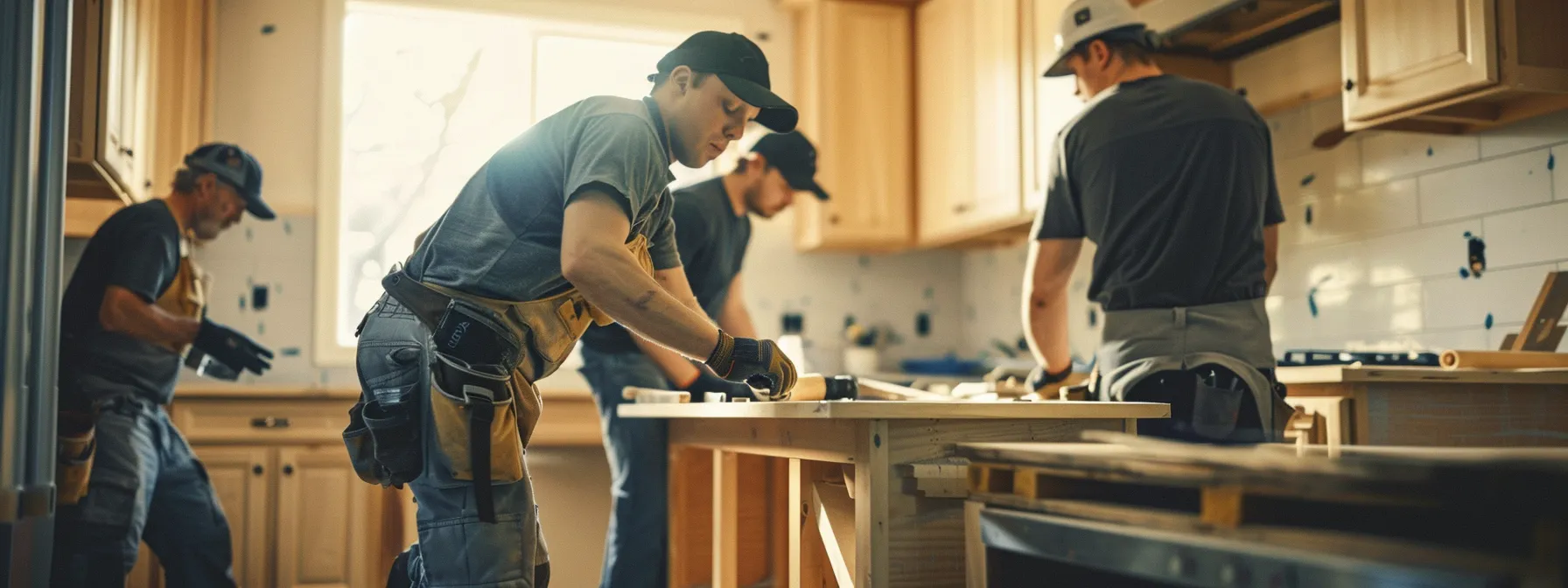 a group of skilled craftsmen working together to resurface kitchen cabinets.