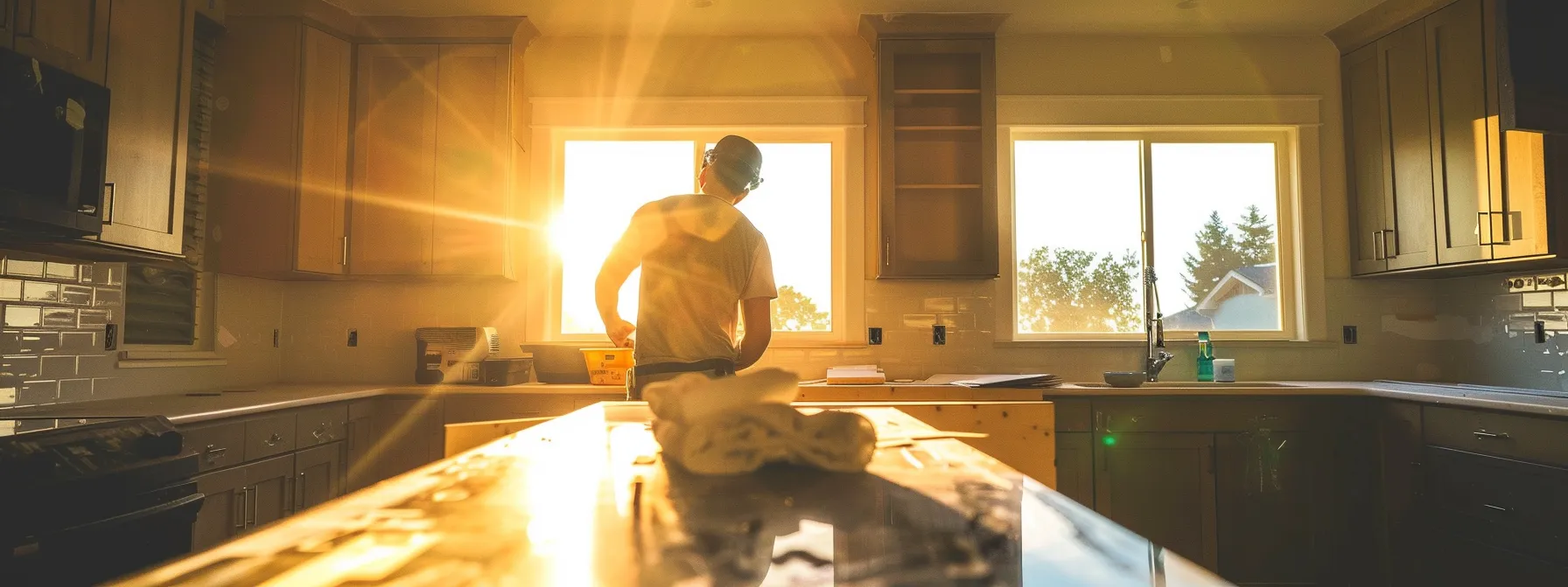 a general contractor overseeing the installation of complex countertops in a bathroom with proper ventilation.