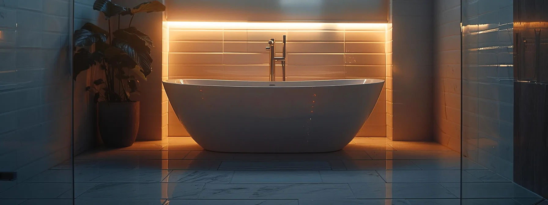 a modern bathroom with sleek ceramic tiles shining under the light.