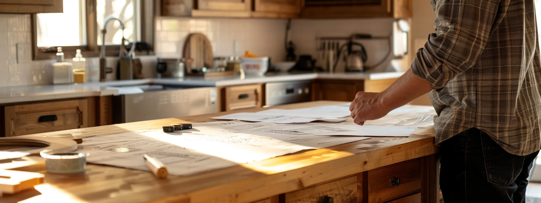 a person carefully comparing diy cabinet refacing options and hiring a professional, with a budget sheet and project plans on a table.